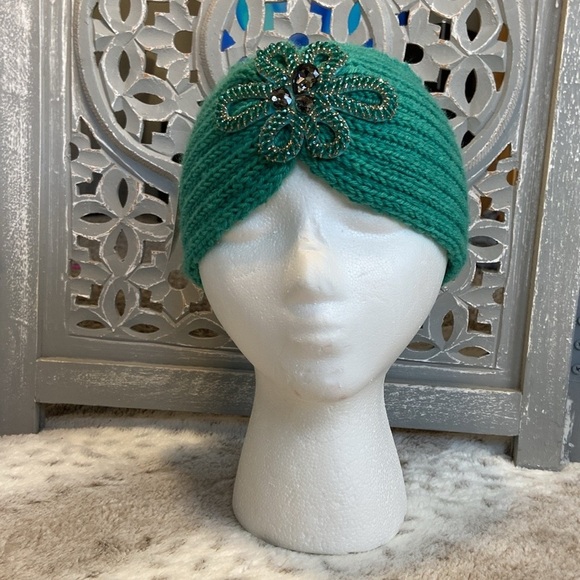 NWT! Green knit headband OS bling beaded rhinestones romantic quiet luxury fall - Picture 2 of 10